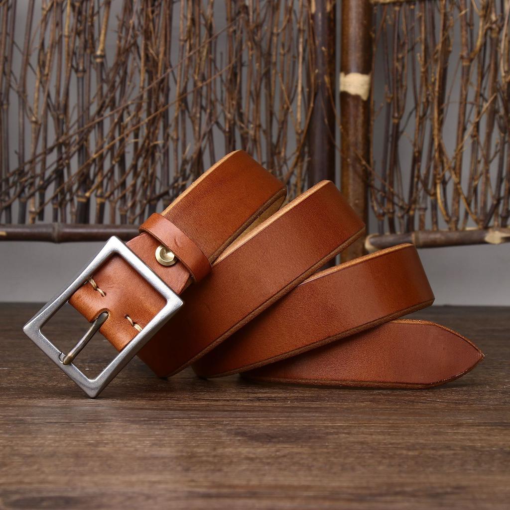 Belt Men's Stainless Steel Buckle Tea Core Leather Thickened First Layer Leather Simple All-Match Casual Jeans Belt Men's