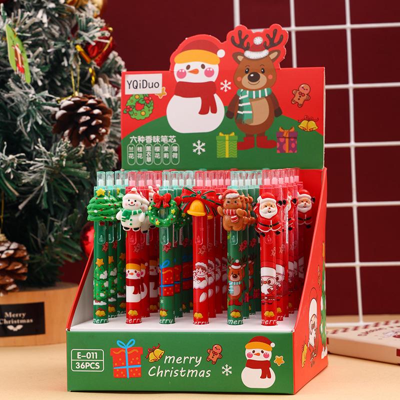 36Pcs Cartoon Santa Claus Patch Press Pen,Christmas Gift Student Prize Writing Tool School Pen Christmas Tree Bells Wreaths Patch Signnture Pen