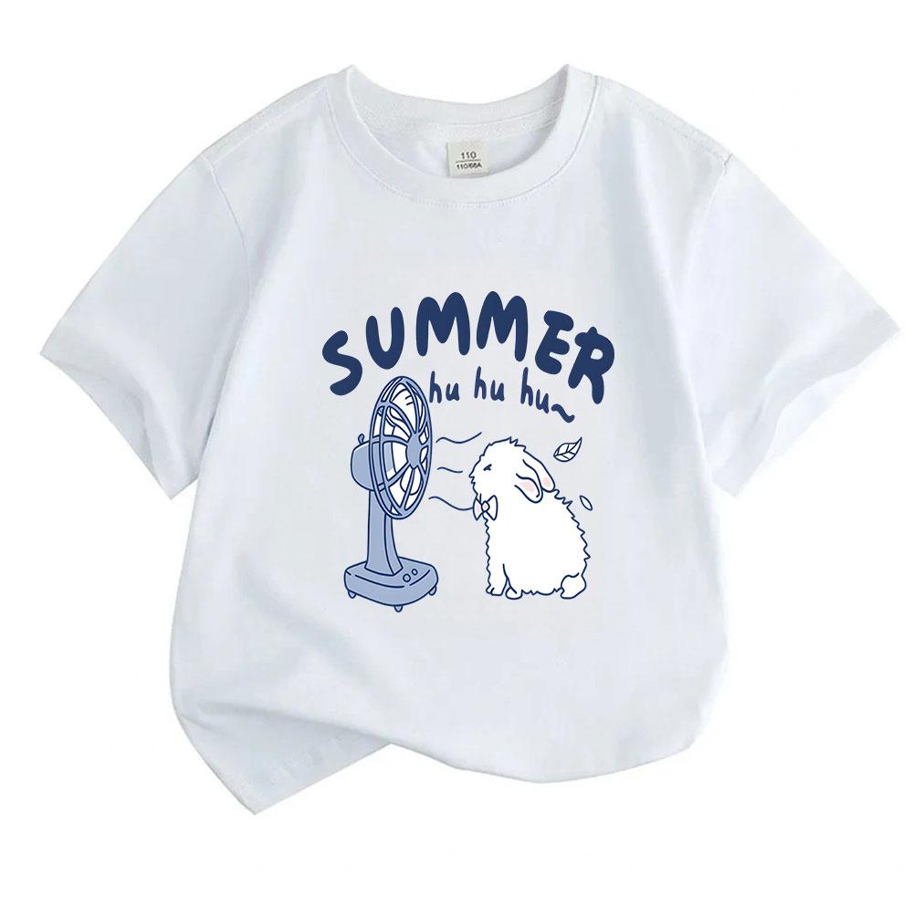 Cute Kids Boys Girls 100% Cotton Short Sleeve O-Neck T-shirt, Summer Fluffy Rabbit Blowing Electric Fan Casual Soft Breathable Tee for Children Daily