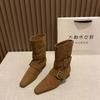 Sheepskin version! Short boots women's autumn and winter new belt buckle retro versatile small square head bare boots
