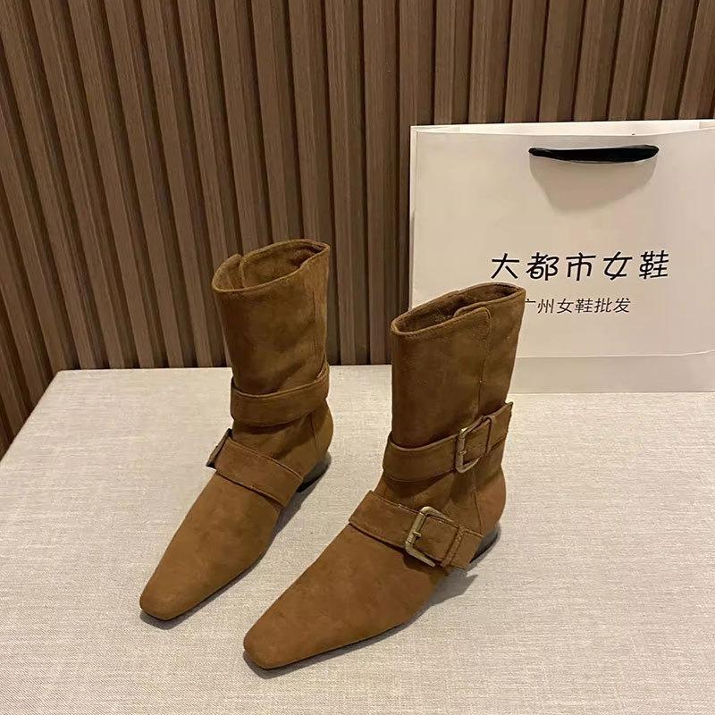 Sheepskin version! Short boots women's autumn and winter new belt buckle retro versatile small square head bare boots