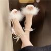 High heels women's summer 2025 new pearl round head with fluffy open-toed thick heel ribbon versatile sandals