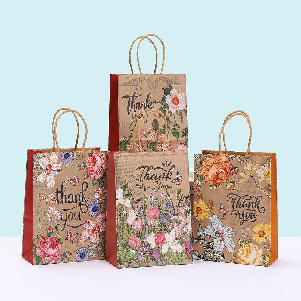 

StoBag floral thank you paper bags gift wrapping bags kraft paper tote bags with handles for party wedding shopping 30pcs&15x8x21cm