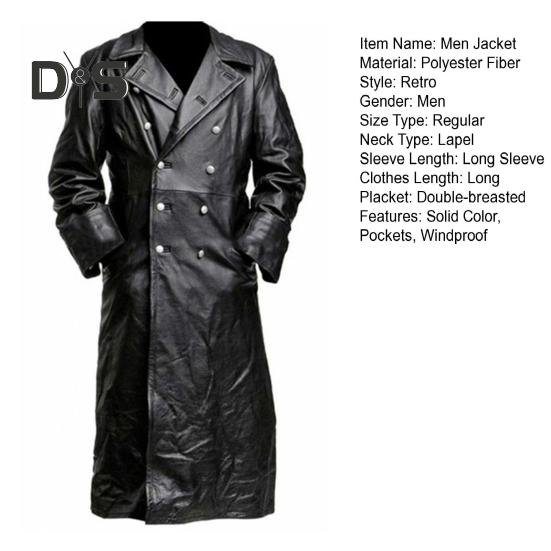 Men Jacket Lapel Long Sleeve Double Breasted Faux Leather Jacket with Pockets Solid Color Mid-length Outerwear