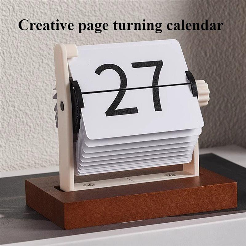 A58Z Rotating Mechanism Wooden Perpetual Calendar-Vintage Flip Desktop Calendar, Nordic Minimalist Home Office Decor