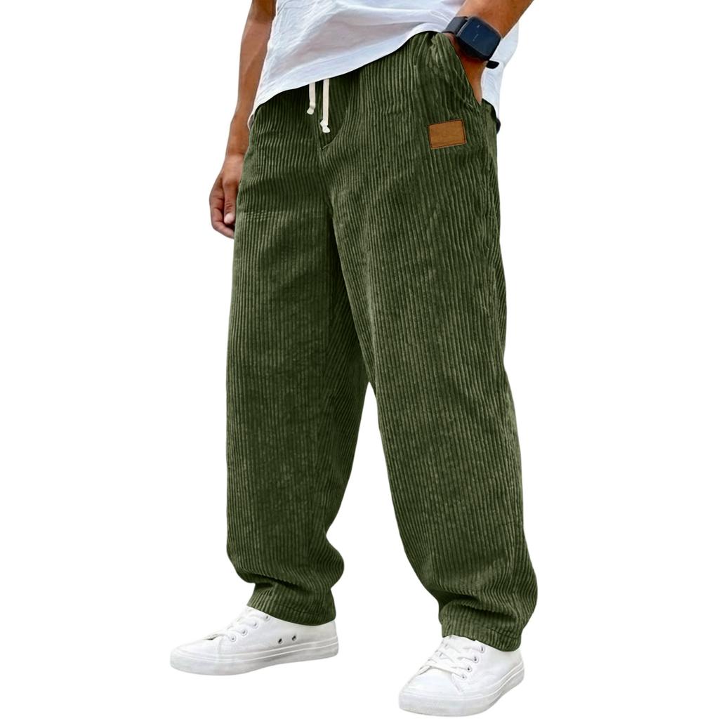 Mens Corduroy Loose Fit Trousers Casual Drawstring Waist Wide Leg Pants Relaxed Fit Corduroy Pants with Pockets for Everyday Wear