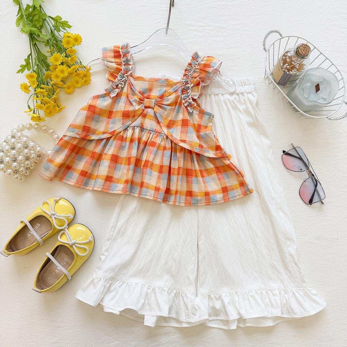 Girls Summer Plaid Bow Tie Two Piece Set Stylish Vacation Kids Outfit 80cm