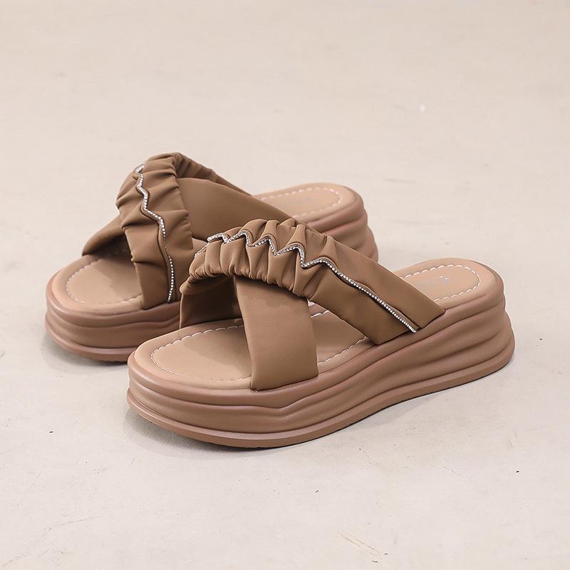 

Шлепанцы на толстой подошве Летние новые женские шлепанцы с перекрестными ремешками Студенческие повседневные увеличивающие рост универсальные шлепанцы на толстом каблуке 40