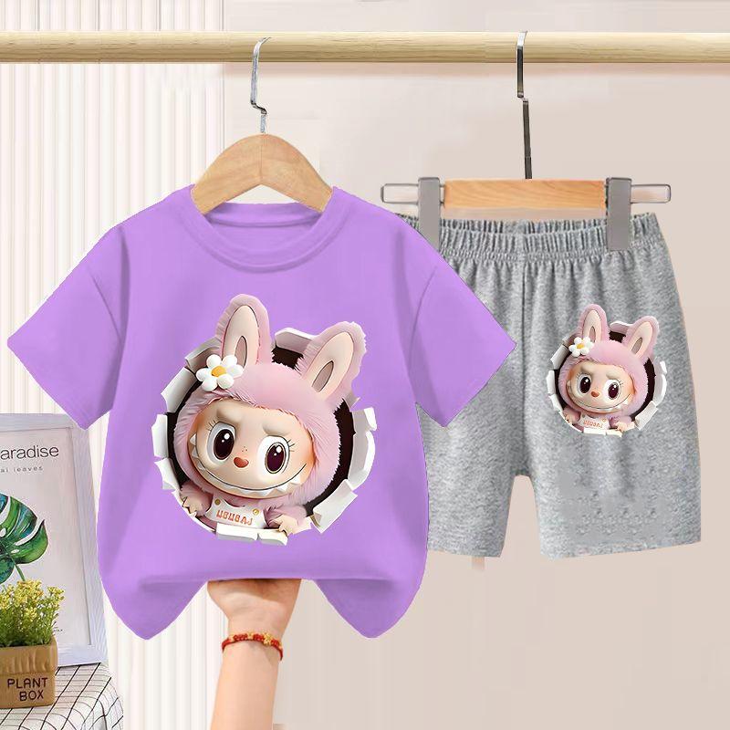 Children's LBB Short-sleeved Two-piece Set, Summer Boys' and Girls' Thin Pure Cotton T-shirt and Shorts Set
