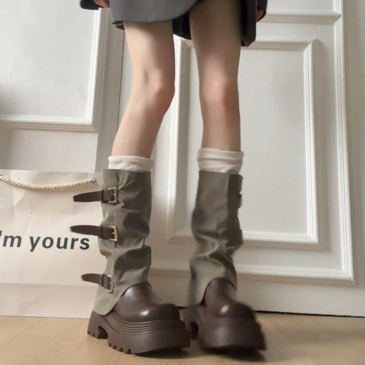 

7Cm heightened thick-soled trousers boots women s 2025 autumn new knight boots thick heel buckle belt western medium tube stacking boots 39 коричневый