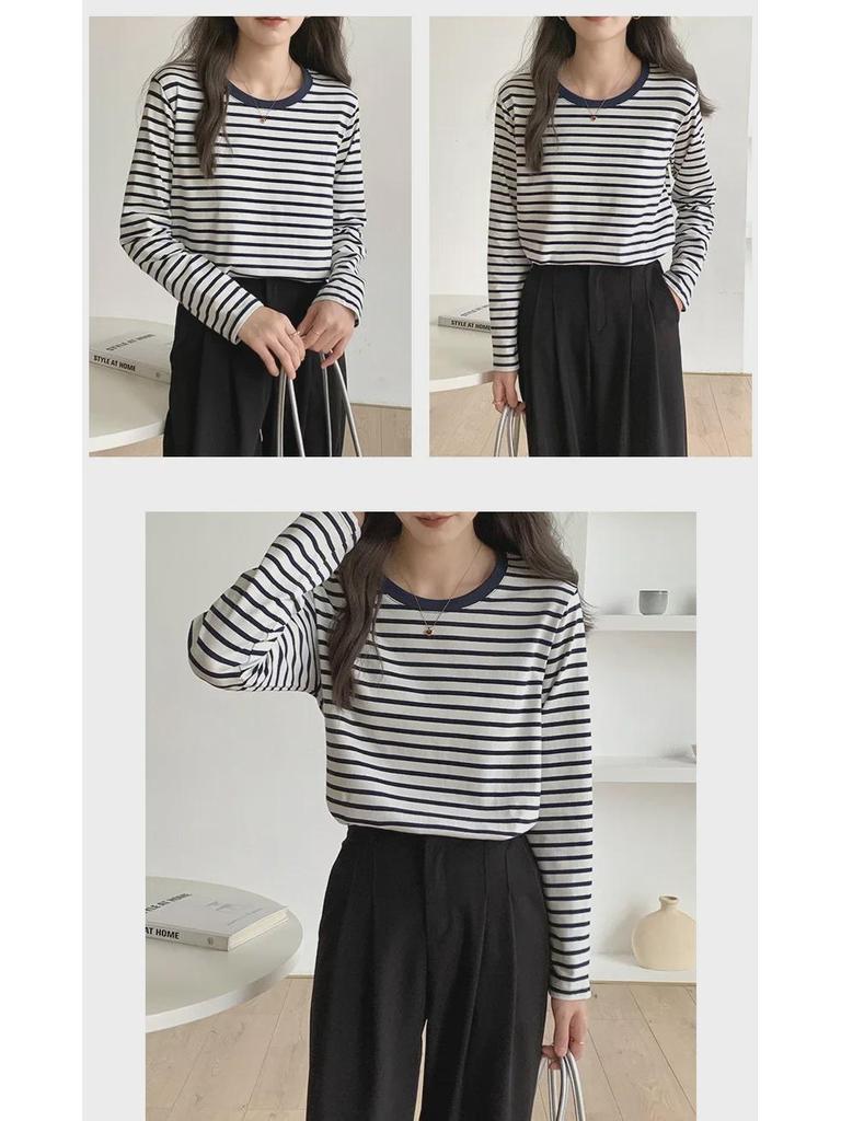 Women's Spring 2025 Green Striped Long-Sleeve Round Neck T-Shirt: Loose-Fit, Slim-Style, Commuting Top