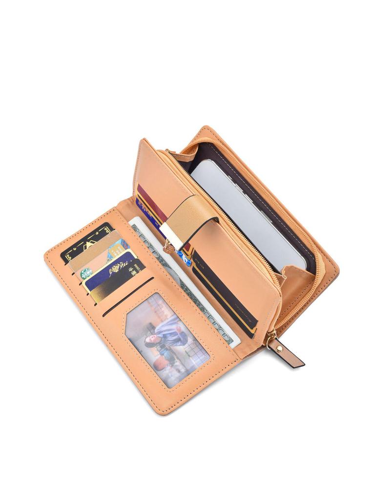 Women's Classic Long Wallet with Leaf Cutout and Zipper Clasp