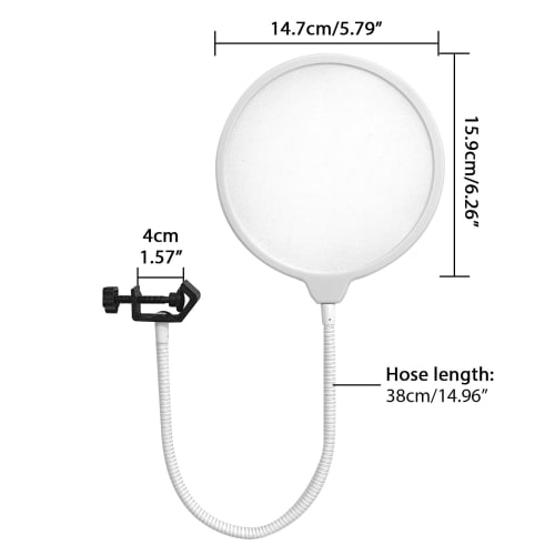 Musiin Pop Filter for Recording Microphones, Large Dual-Layer Recording Studio Pop Shield, Flexible Metal Gooseneck Professional Pop Filter (White)