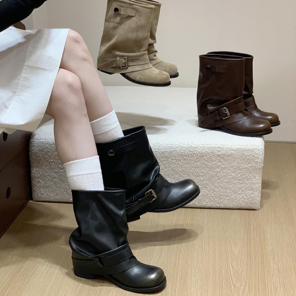 Retro Brown Martin Boots Women's Shoes 2025 New Spring and Autumn Single Boots Thick Heel Thin with Skirt Trouser Boots Short Boots