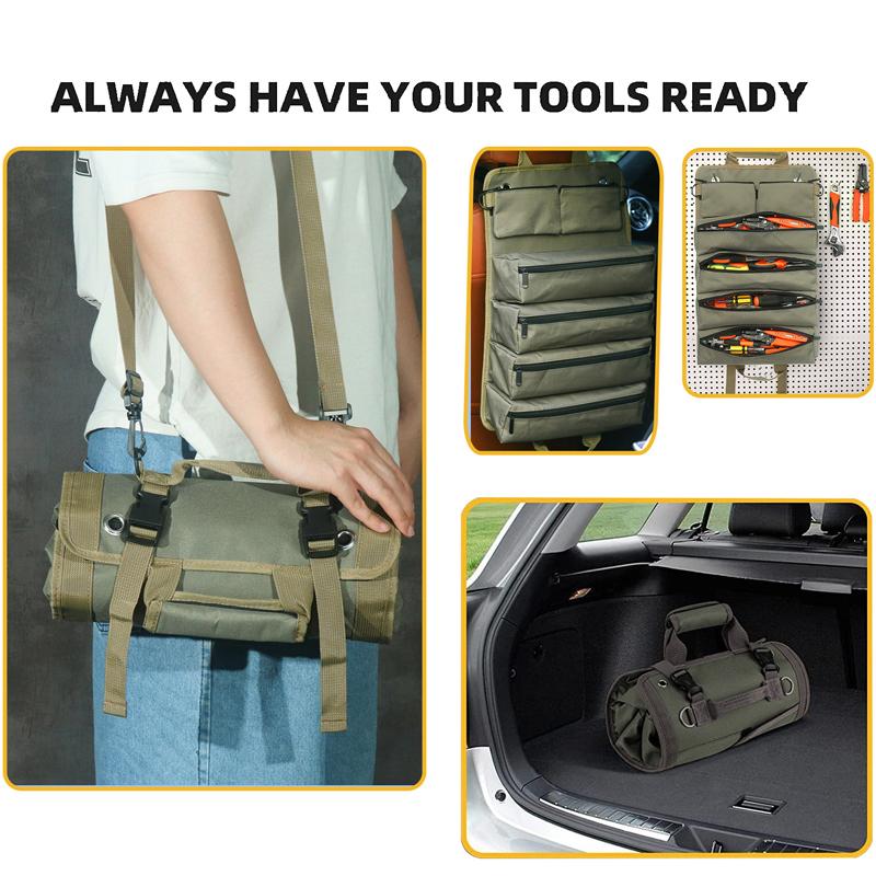 Roll Up Tool Bag With Detachable Pouches, Heavy Duty Organizer With 6 Pockets for Mechanic, Electrician, Plumber and Carpenter