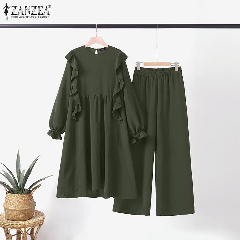 

ZANZEA Одежда с оборками Женская блузка и брюки Повседневный комплект из двух предметов