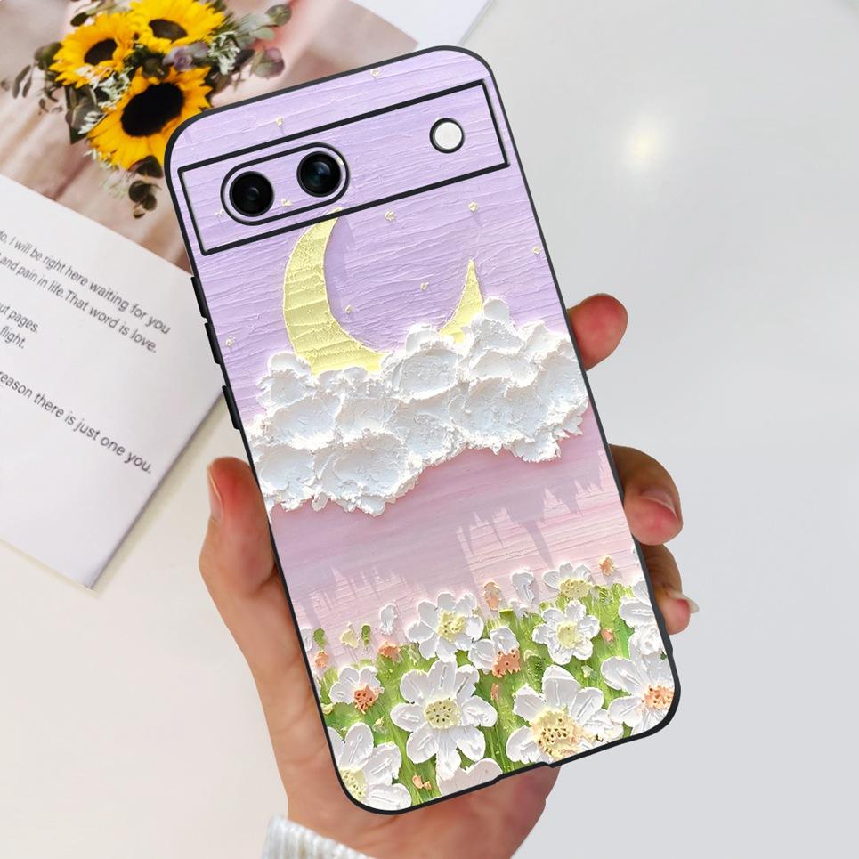 Black Matte Silicone Back Cover For Google Pixel 8A Painting Case Cartoon Lovely Cat Butterfly Flower Bumper Google 8A Soft Etui