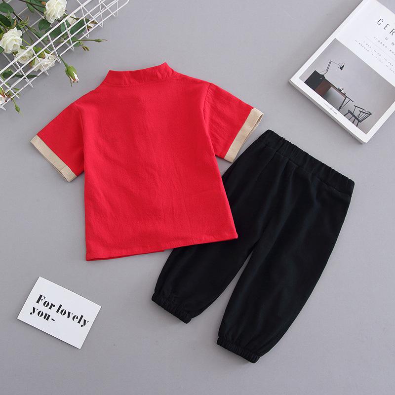 Sommer Baumwolle Leinen Zweiteiler Kurzarm Chinesischer Tang Anzug Hanfu für Jungen