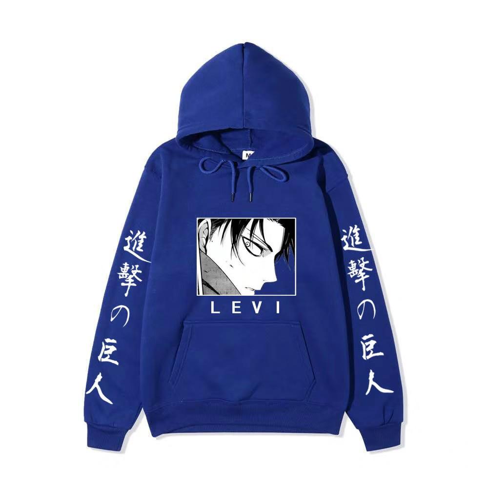 Anime Attack on Titan Levi Ackerman Hoodie, Double Sleeve Japanese Text Print Pullover Sweatshirt Long Sleeve Streetwear for Men Women
