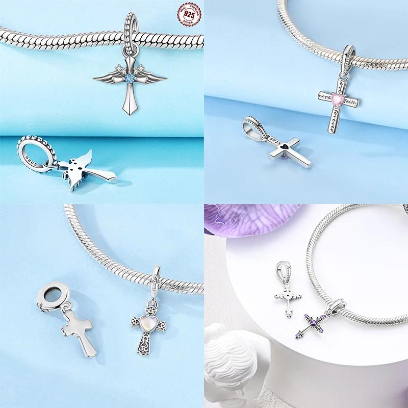 Authentic Pink Zircon Love Cross Wing Cross Retro Pattern Cross Charm Bead Charms Copper Bead Charms Pendant Compatible With Do It Yourself Bracelets