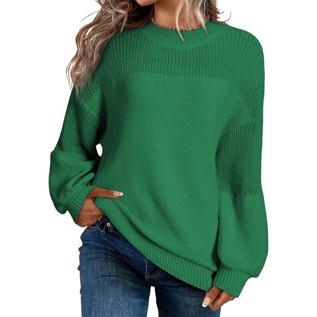 Autumn Winter New Women's Solid Color Lantern Sleeve Round Neck Long Sleeve Pullover Knitted Sweater Top