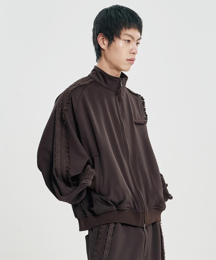AJOBYAJO Multi Lace Trim Raglan Track Jacket [Dark Brown]
