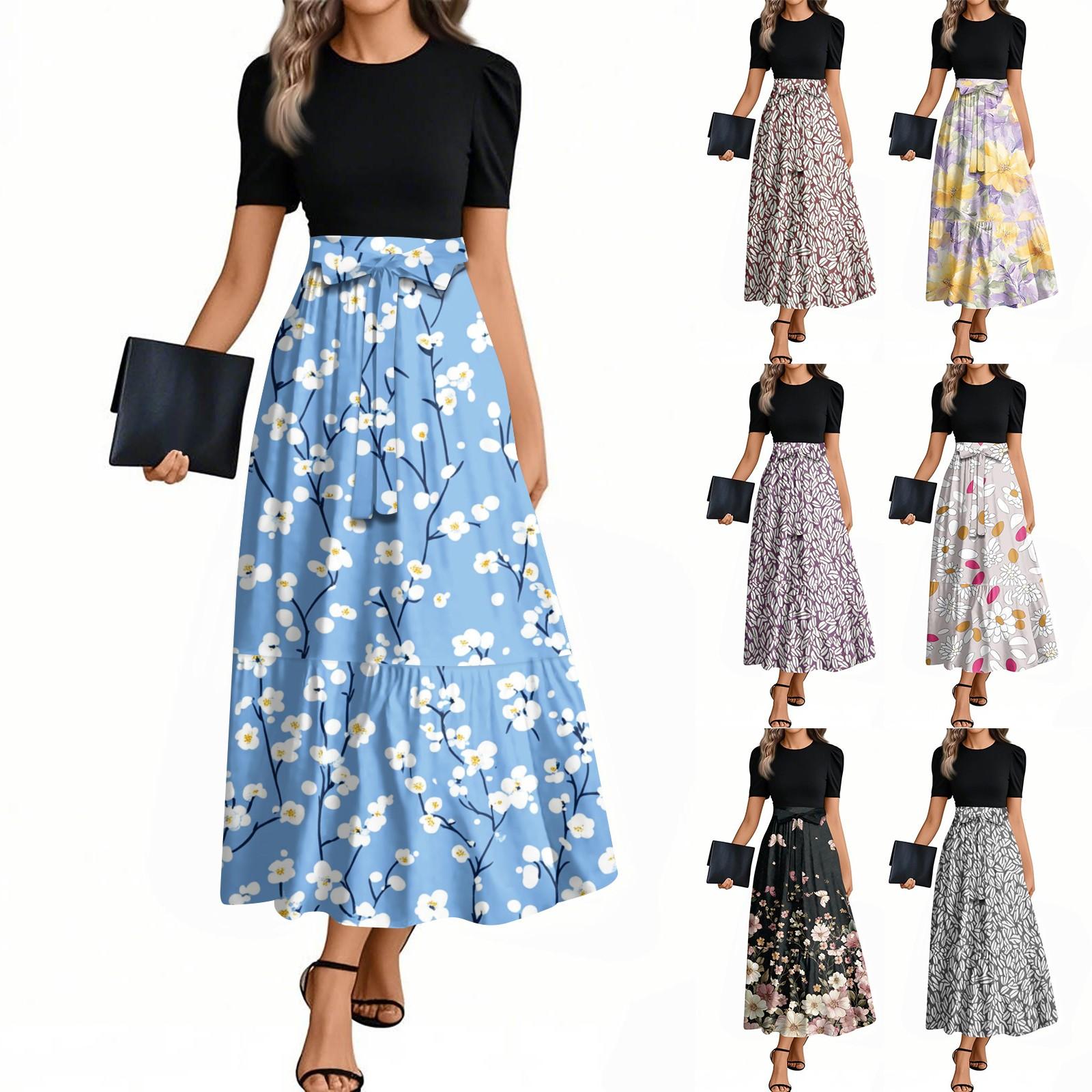 

Women s Fashion Casual Belt Short Sleeve Round Neck Floral Stitching Elegant Temperament Dress L чорний
