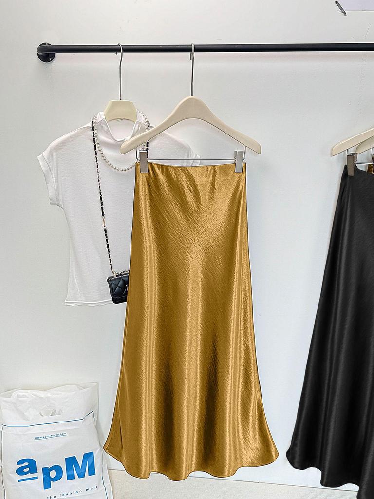 Chinese Style Black Acetate High-Waist Bodycon Fishtail Skirt, Bias Cut Drapey Silk Satin for Women