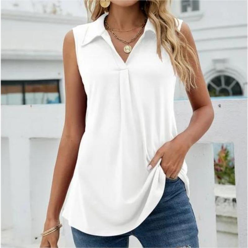 YYFS Women's Fashion Casual Summer Spring Solid Color Print Sleeveless POLO Neck Blouses & Shirts