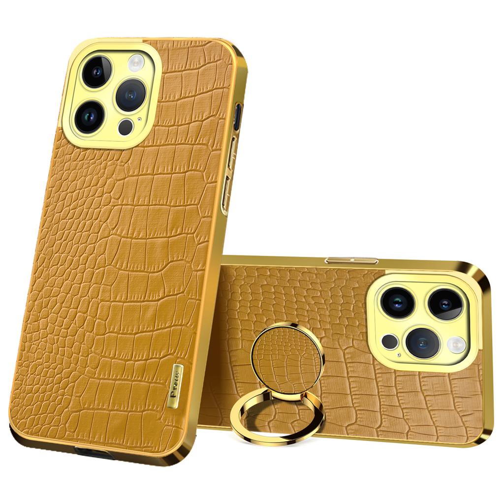 For iPhone 16 Pro Case Crocodile Texture Ring Kickstand TPU+Leather Electroplating Phone Cover