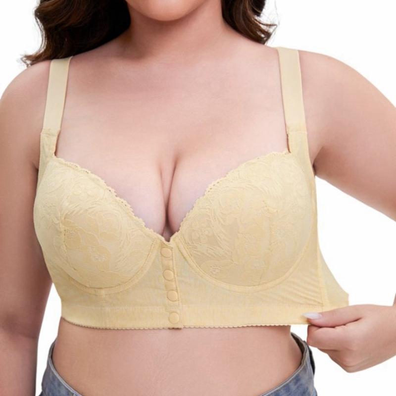 Women Plus Size Lace Front Buckle Bra Adjustable Shoulder Strap Gathering Bra