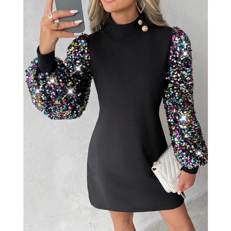 

YYFS женские модные осенне-зимние однотонные повседневные платья с длинным рукавом и круглым вырезом с принтом XXL чёрный/разноцветный