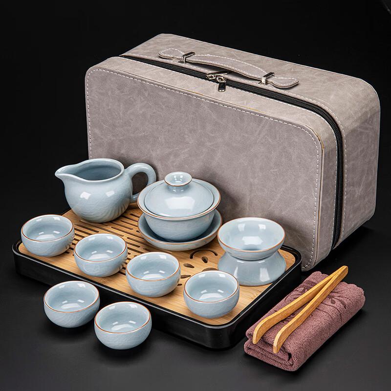 Ru Kiln Style 9-Piece Gaiwan Tea Set with Floral Tray