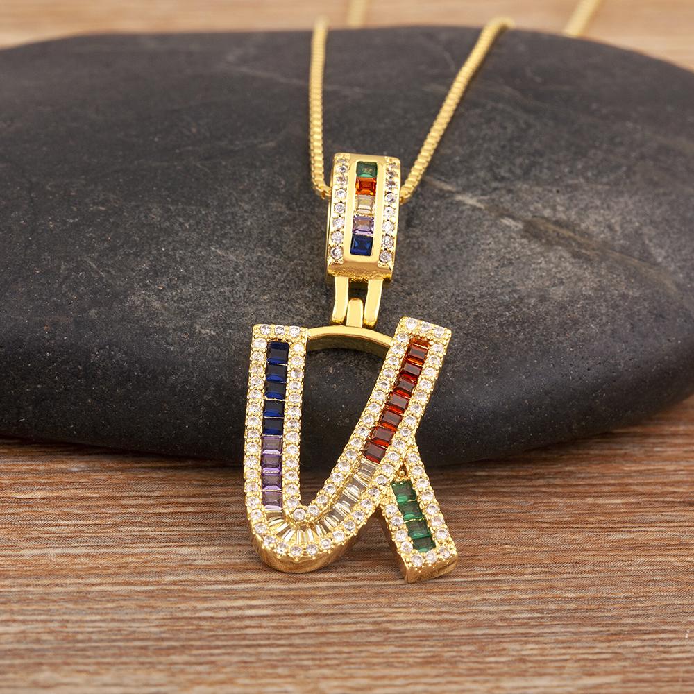 Nidin Simple Fashion 26 A-Z Letters Alphabet Rainbow Cubic Zirconia Pendant Necklace For Women Men Hip-Hop Style Copper Jewelry
