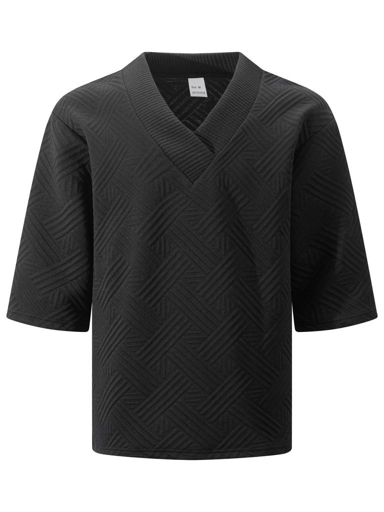 Spring/Summer Men's Solid Color V-neck Jacquard Casual Outdoor Short-sleeve T-shirt