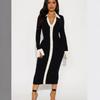 Elegant French Style Knit Midi Dress With Flared Sleeves High Waist Colorblock Detail Womens Winter Outfit