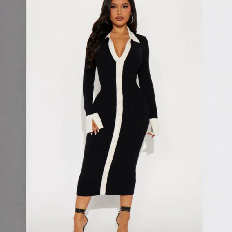 Elegant French Style Knit Midi Dress With Flared Sleeves High Waist Colorblock Detail Womens Winter Outfit