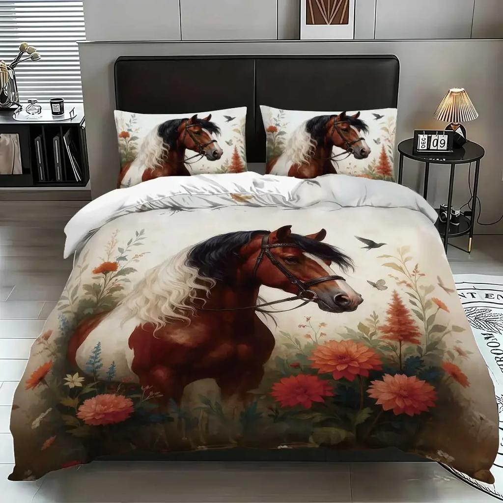 3Pcs Horse Pattern Bedding Set, Suitable For Teenagers And Adult'S Bedroom, 1*Quilt Cover+2*Pillowcase, For Single Bed