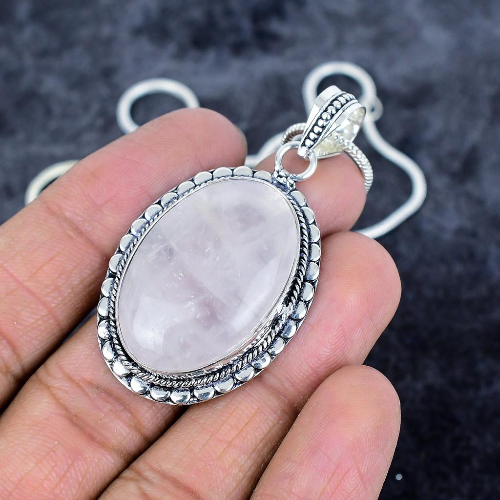 Rose Quartz Gemstone Handmade 925 Sterling Silver Jewelry Pendant 2.21" M-2978