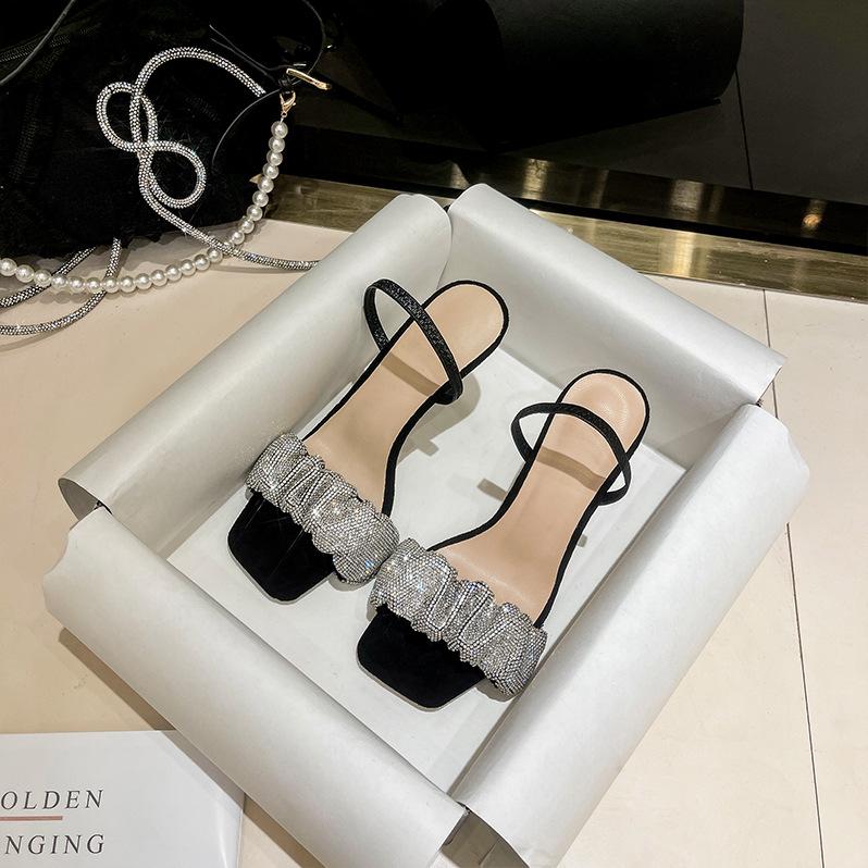Black high heels women's 2025 new summer French girl open-toed square head rhinestone thin heel with sandals