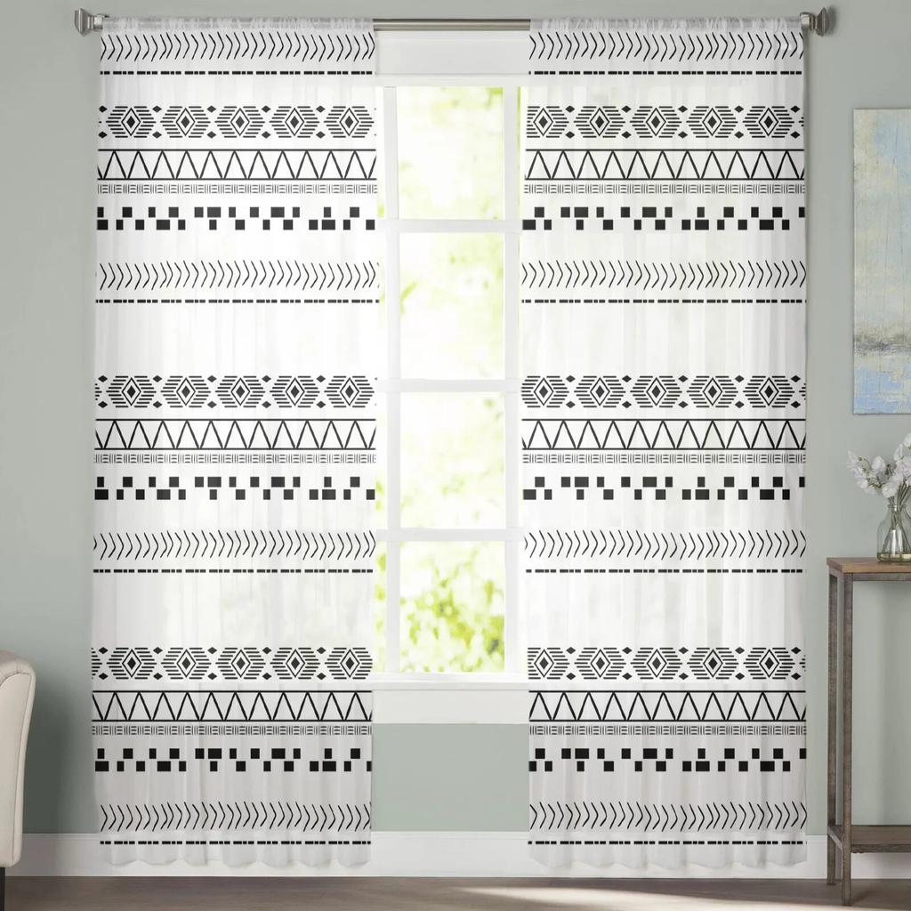 Vintage Lines Hand-drawn Textures Bedroom Transparent Sheer Curtains Holiday Decoration Window Voile Tulle Curtain
