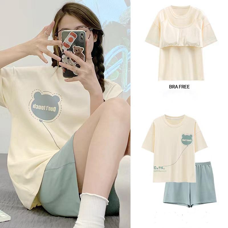 Moteriška pižama su krūtinės pagalvėlėmis, dviejų dalių vasariniai nauji modeliai, su trumpomis rankovėmis ir šortais, kasdienis ir patogus namų drabužių kostiumas