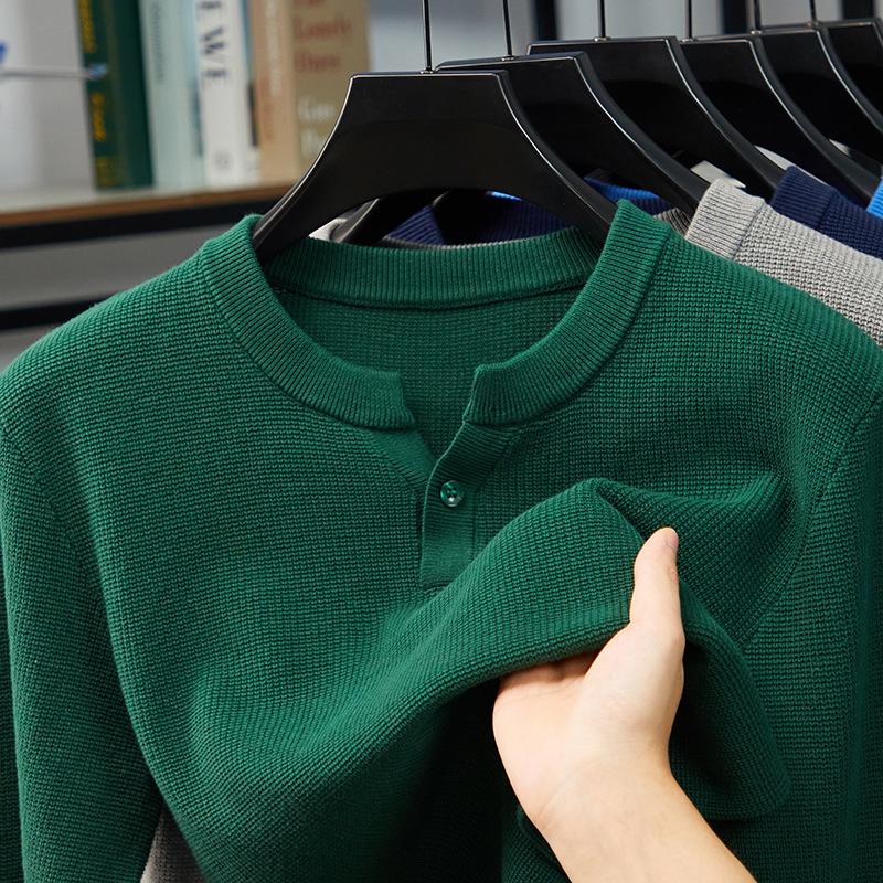 Pure Cotton Collar Long-Sleeved Knitted Sweater Men'S Spring And Autumn Casual Simple Solid Color V-Neck Bottoming Shirt