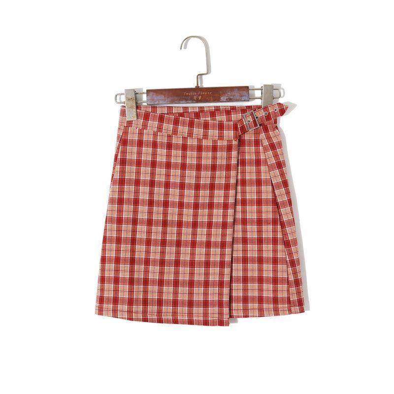 

Весна 2025 Женская одежда Ретро Сочетание цветов Клетчатая юбка С высокой талией Однотонная Скрытый крючок Пояс Приталенная А-силуэта Юбка Blue grid S