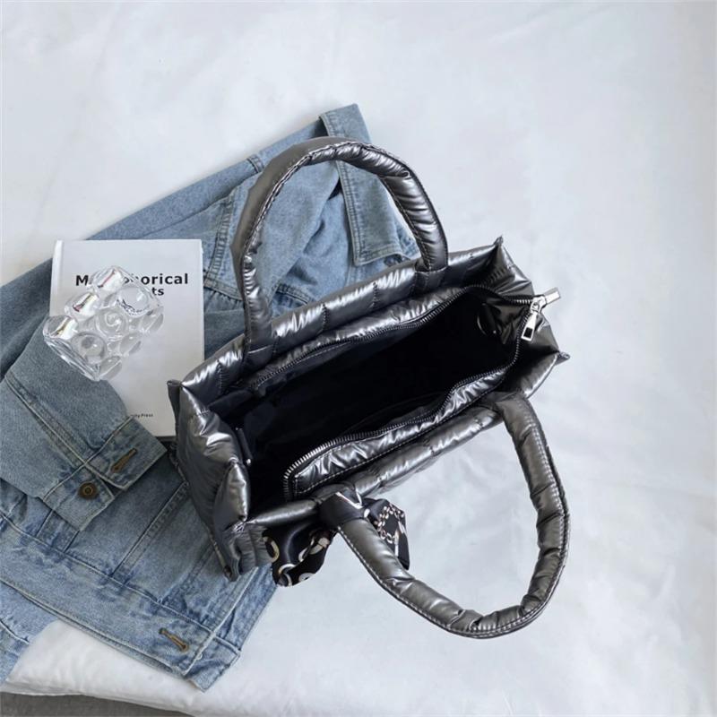 Elegant Women's Totes Bags with Silk Scarf Accent Winter Quilted Crossbody Bags for Women Casual Solid Color Padded Shoulder Bag