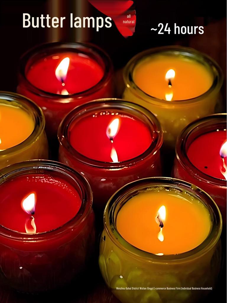 Smokeless Lotus Glass Oil Lamp - 24-Hour Ghee Candle for Buddha Offerings