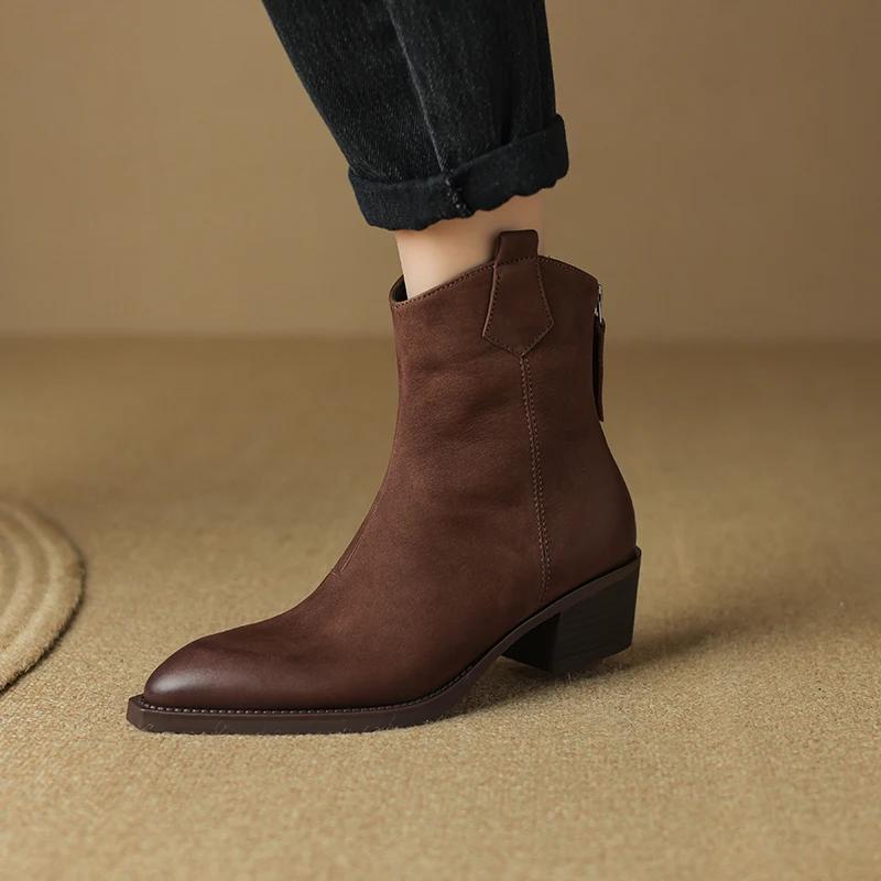 Fashion Fashion Short Boots Autumn Winter Basic Women Ankle Boots Genuine Leather Thick Heels Pointed Toe Mature New Arrival Boots Women