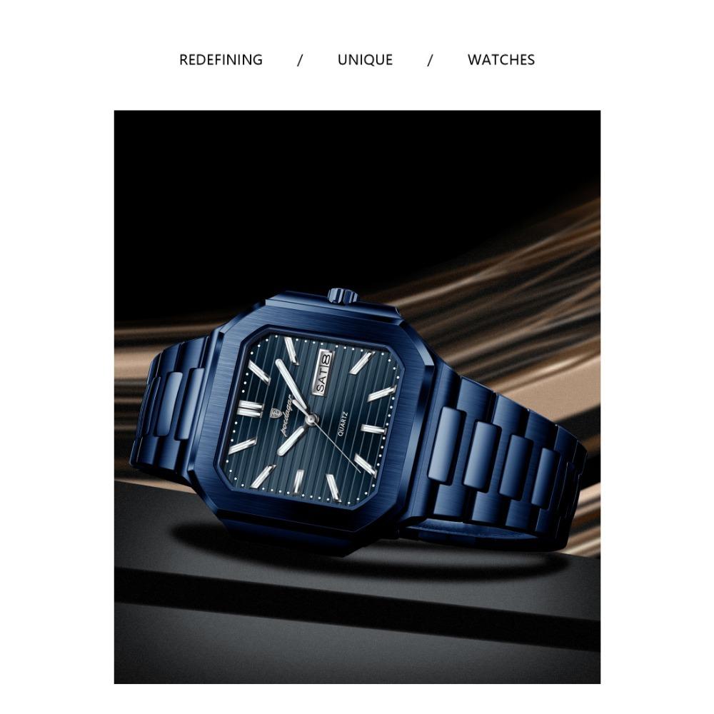 POEDAGAR Luxury Watch Waterproof Luminous Date Week Quartz Men's Watches Stainless Steel Fashion Square Men Watch