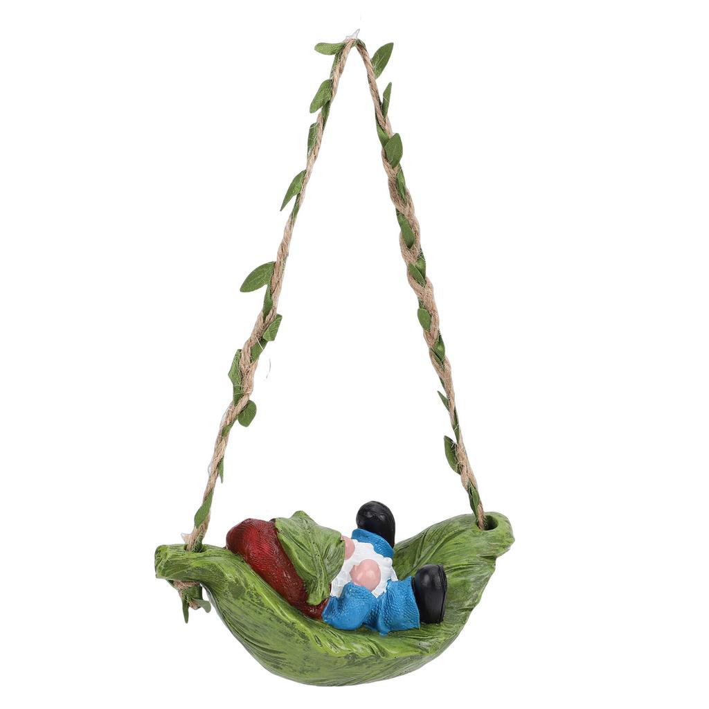 Garden Gnome On Leaf Hammock Statue Cute Resin Swinging Outdoor Yard Decor Fairy Garden Ornament