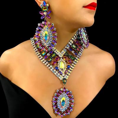 AB Colorful Rhinestone Exaggerated Jewelry Set Party Accessories Bridal Geometric Crystal Necklace Earrings Set for Women